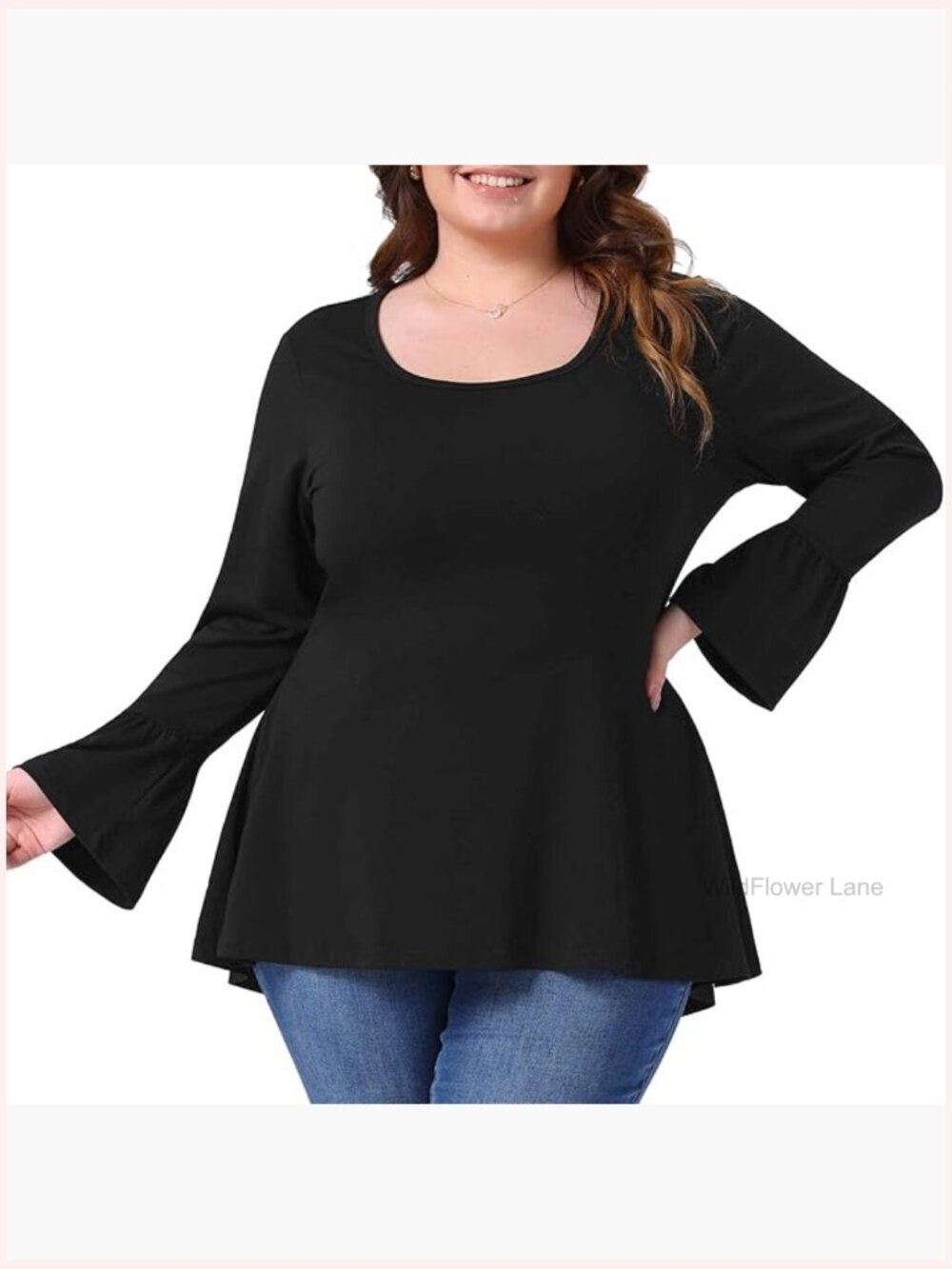 Plus Size Crew Neck Bell Long Sleeve High Low Hem Blouse